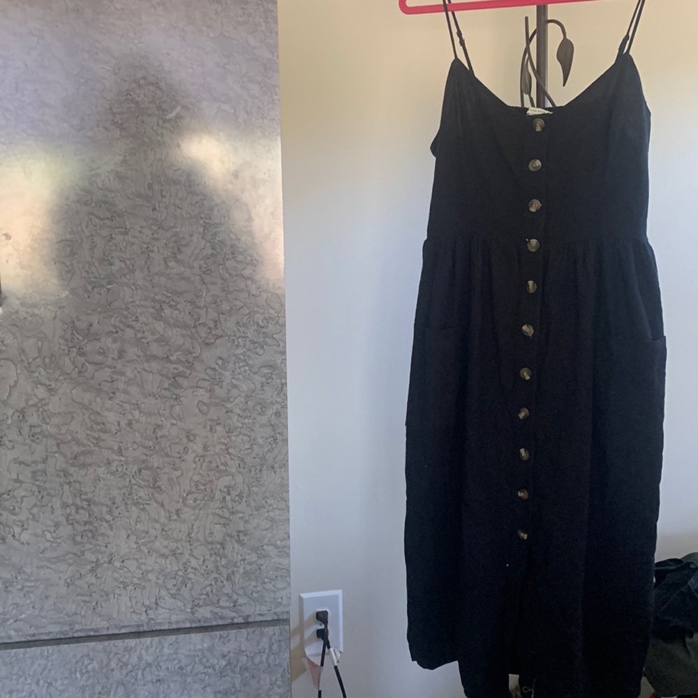 AE smocked back button down linen black dress